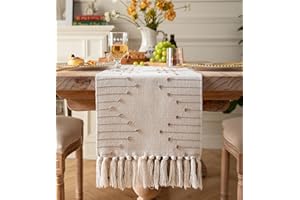 CAFLIFE Boho Table Runner 13 x 90 Inch Long Natural Cotton Woven Runner with Tassels for Home Dining Table décor, for Modern Farmhouse Decor Coffee Table Runner, Taupe and Beige