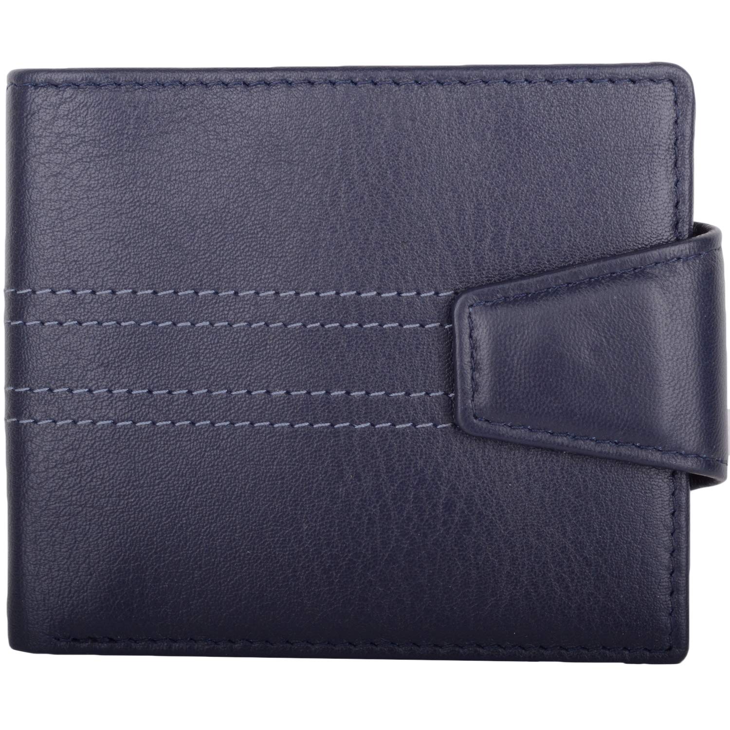 Mens Soft Leather Bi-Fold RFID Protected Money/Credit Card Wallet with Stitching Detail - Navy/Grey