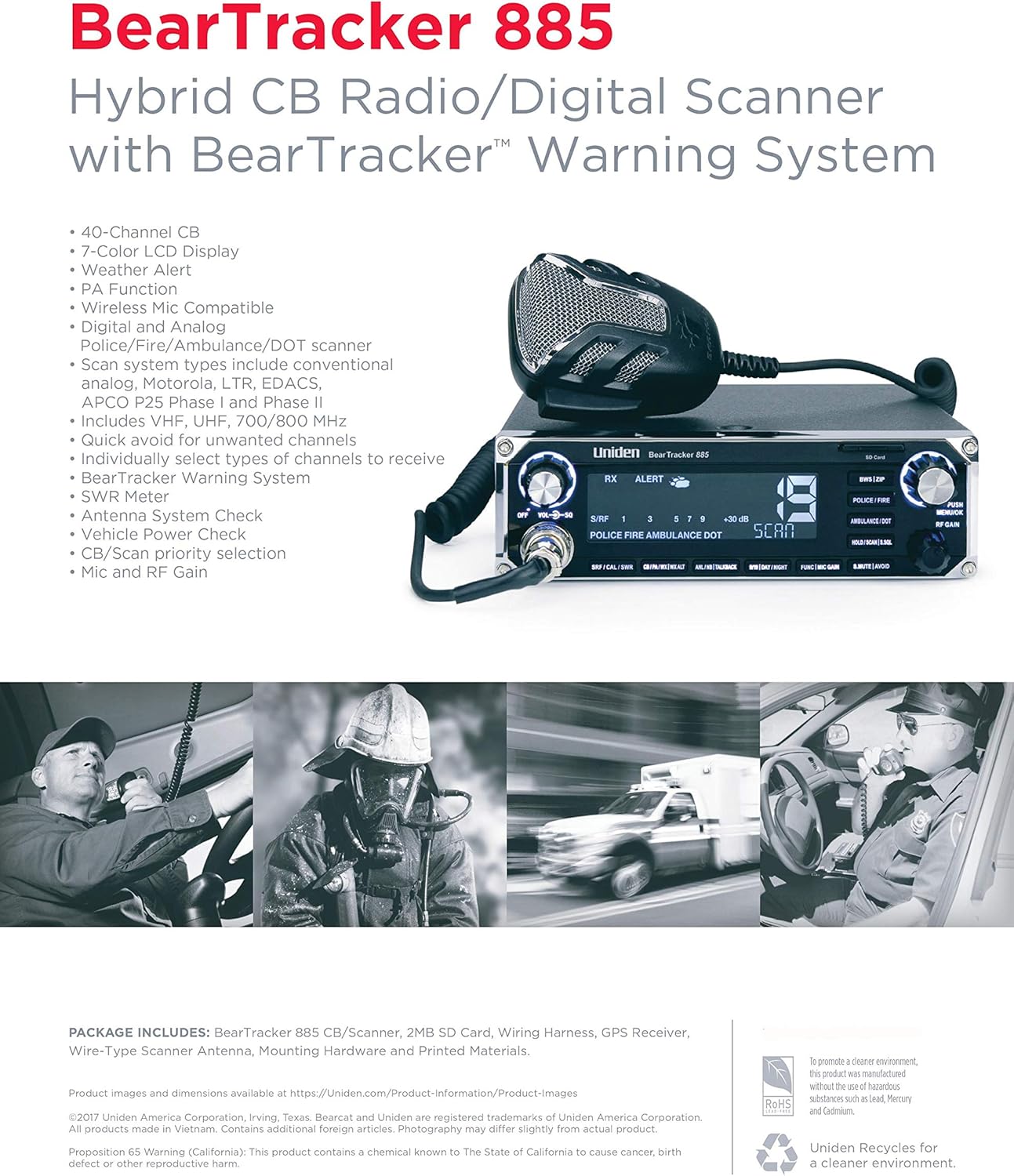 Uniden BEARTRACKER 885 Hybrid Full-Featured CB Radio + Digital TrunkTracking Police/Fire/Ambulance/DOT Scanner w/ BearTracker Warning System Alerts, 40-channel CB, 4-Watts power, 7-color display.