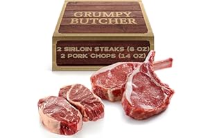 DEN'S HOT DOGS Grumpy Butcher Steaks & Pork Chops Meat Gift Box – 2 Beef Top Sirloin Steaks (6 oz) & 2 Duroc Bone-in Pork Steaks (14 oz) – Grass Fed Sirloin Steak & Gourmet Meat Gift Packages Specials