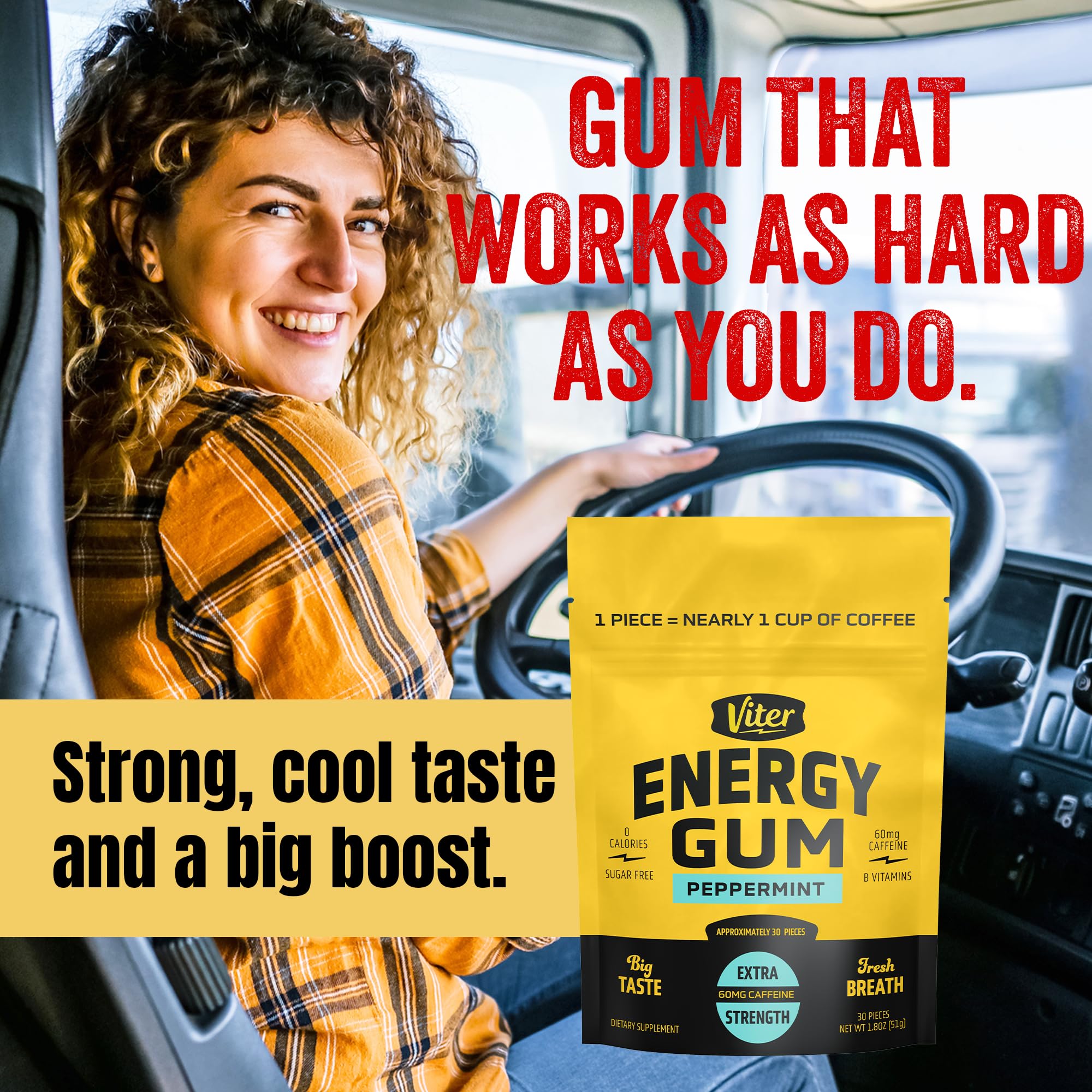 Viter Energy 60mg Caffeine Gum (Peppermint Flavor, 30 Pieces) - Sugar Free, Vitamin B3, B6, B9, B12, Zero Calories, Caffeinated Energy Chews, Nootropic Focus Supplement for Men & Women