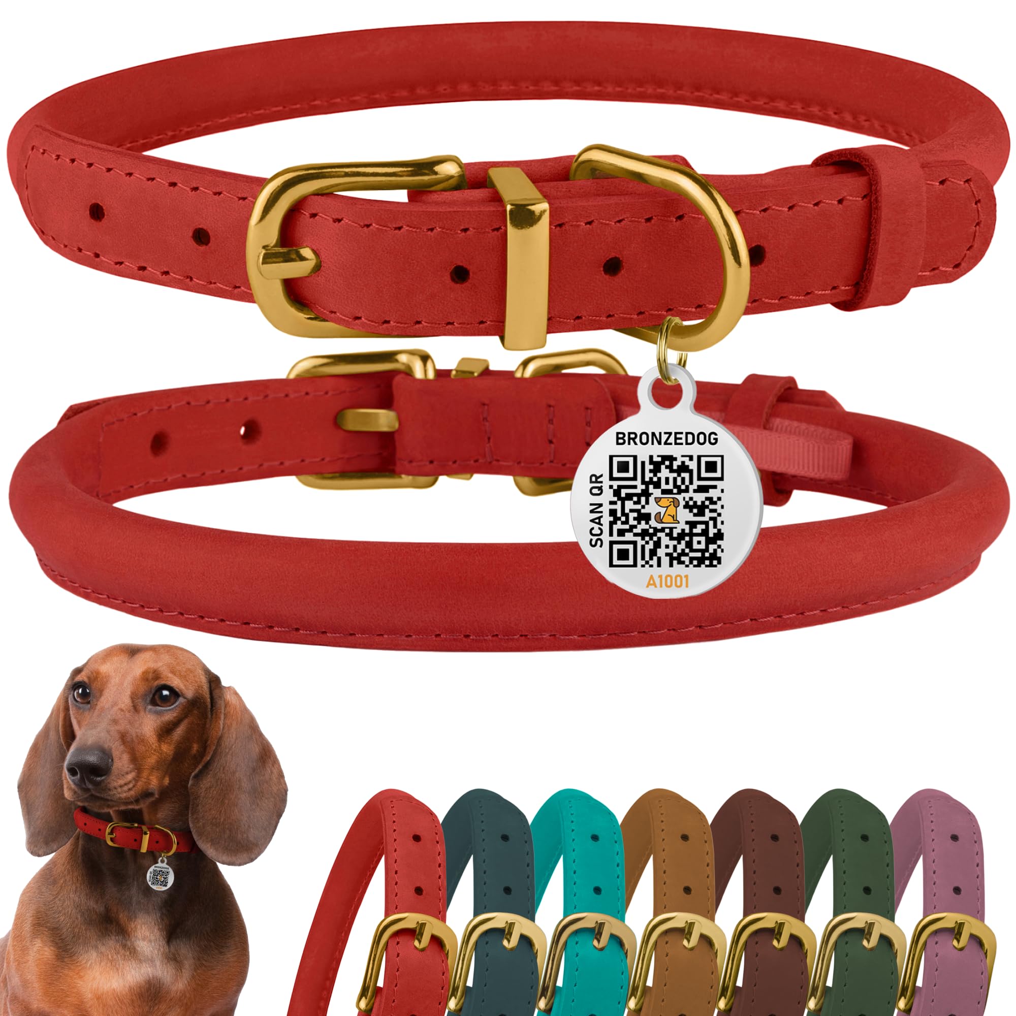 Photo 1 of BronzeDog Rolled Leather Dog Collar with QR ID Tag, Adjustable Soft Round Collars for Small Dogs Puppy (9" - 11" Neck Size, Classic Red)