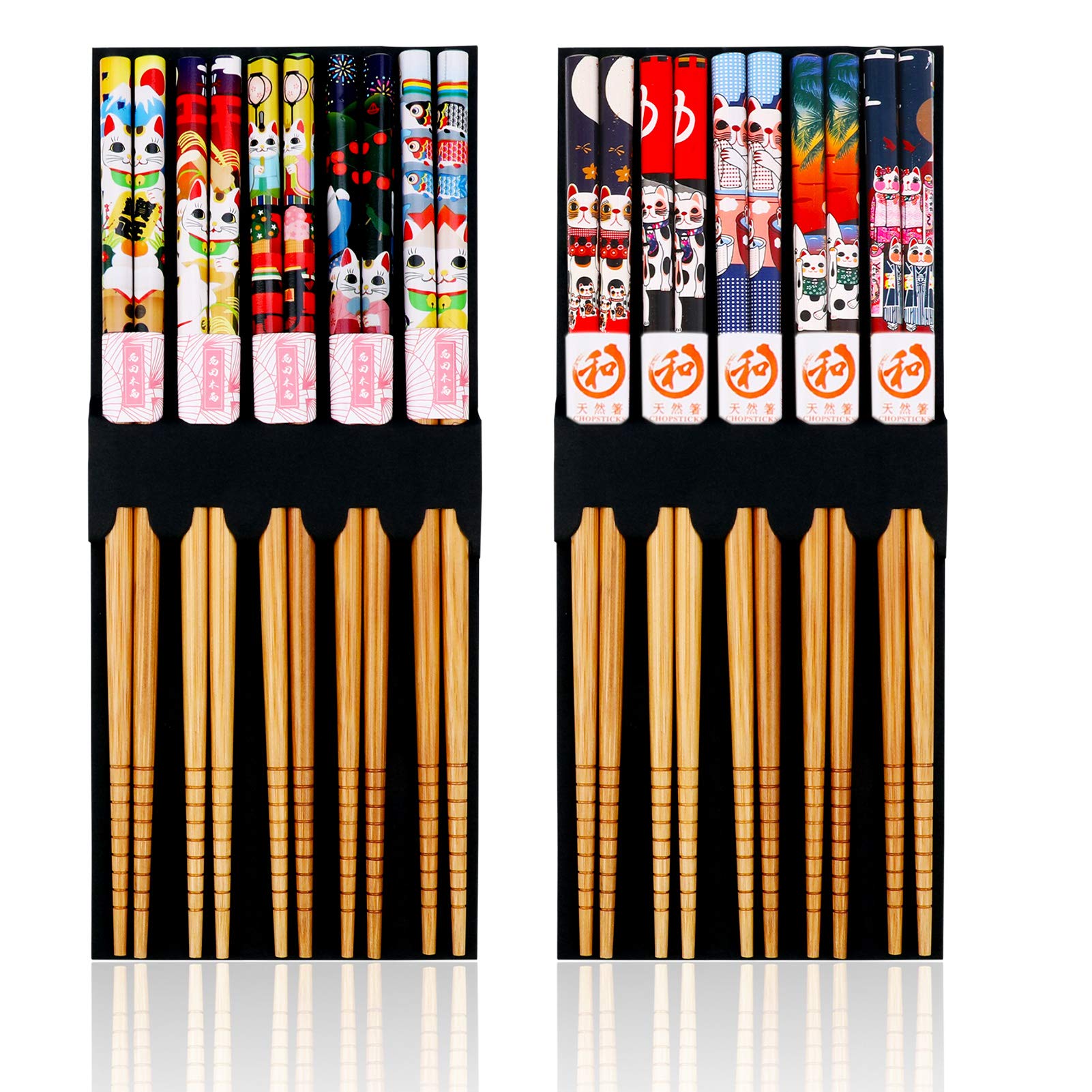 10 Pairs Natural Reusable Bamboo Chopstick with Fortune Print Cat,10 Color Eco-Friendly Bamboo Chopsticks 9 Inch,Washable for Dishwasher Chinese Tableware Set for Sushi Noddles Ramen Rice
