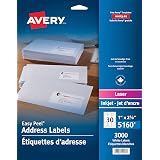 Avery Address Labels with Easy Peel for Laser Printers, 1" x 2-5/8", White, Rectangle, 3000 Labels, Permanent (5160) Made in 