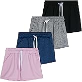 Real Essentials 4 Pack: Girls Athletic Performance Dry-Fit Running Shorts with Drawstring & Pockets