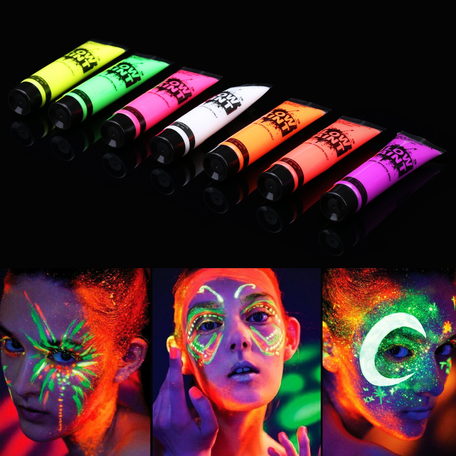 TENVA UV-Licht Bodypainting Schminke, Schwarzlicht-Körperfarbe für Body und Facepainting Fluoreszierende Farben Schminkset für knalligen Glow-Effekt