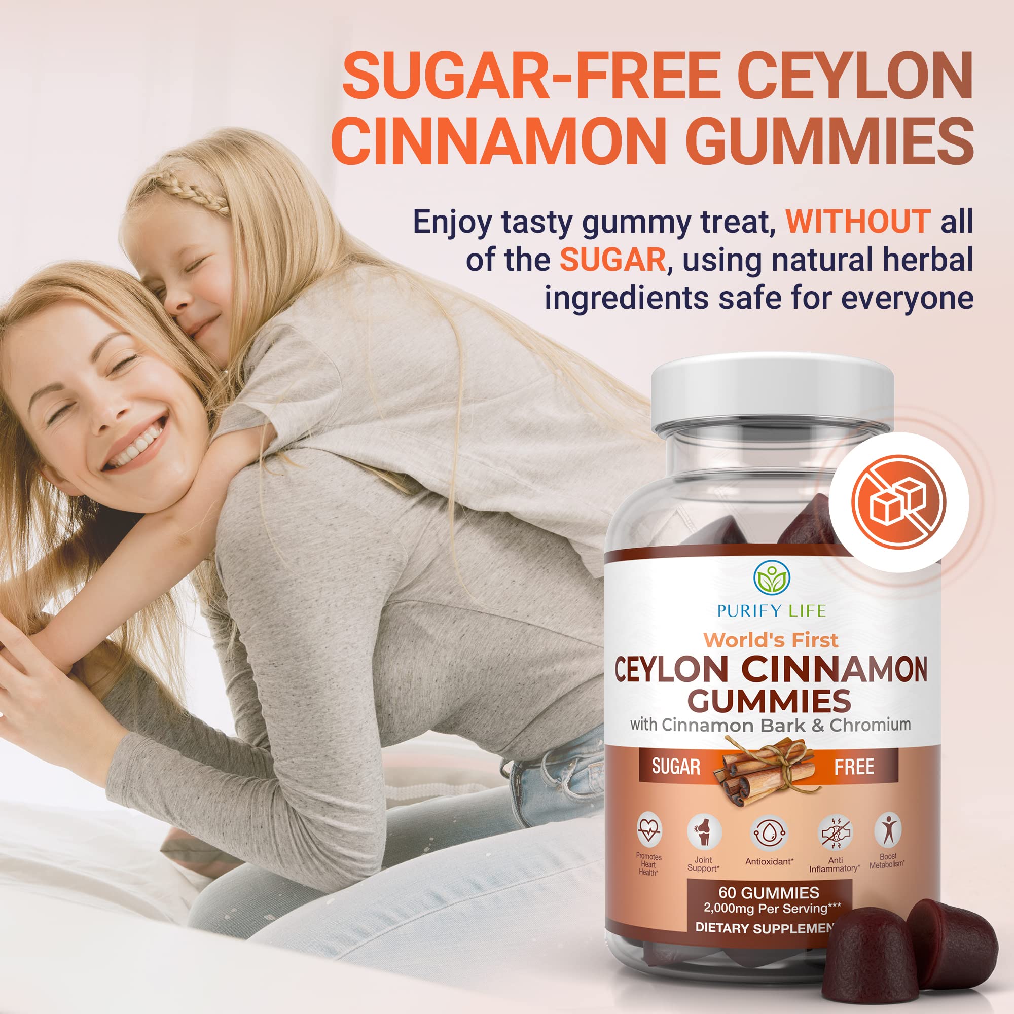 Sugar-Free Ceylon Cinnamon Gummies (2,000mg/Serving) Joint Pain Support Supplement for Brain Health, Vegan, Gluten-Free, Replace Ceylon Cinnamon Capsules, Pills, Powder, Extract (60 Chews)