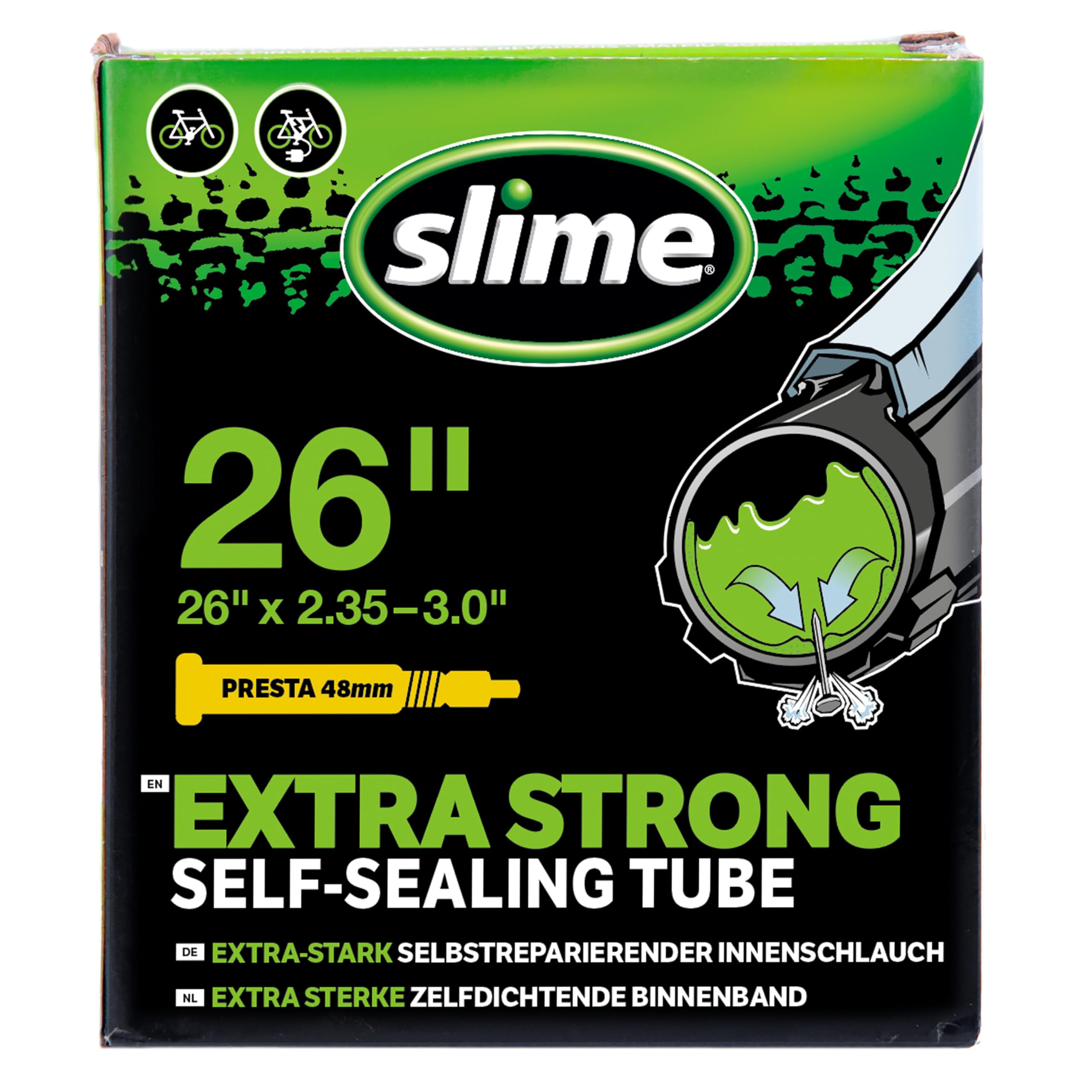 Slime 30097 Bike Inner Tube with Slime Puncture Sealant, Self Sealing, Prevent and Repair, Presta Valve, 26" x 2.35-3.0"