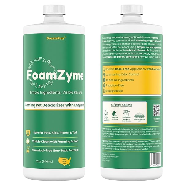 DOZZLEPETS FOAMZYME – 32OZ OUTDOOR PET ODOR ELIMINATOR, SAFE IN PET & FAMILY AREAS, ALL-NATURAL INGREDIENTS, DESIGNED FOR USE WITH POOZOOKA, MADE IN USA