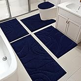 HEBE Bathroom Rugs Sets 5 Piece, Soft Absorbent Microfiber Bath Mat for Bathroom, Non Slip Washable Bath Rug Set with Toilet Cover, Bath Runner and U-Shaped Contour Toilet Rug, Navy Blue