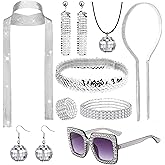 MONAZEO 1970s Disco Accessories Women Costume Set Disco Ball Earrings Necklace Sequin Scarf Headband Bracelet Ring Sunglasses