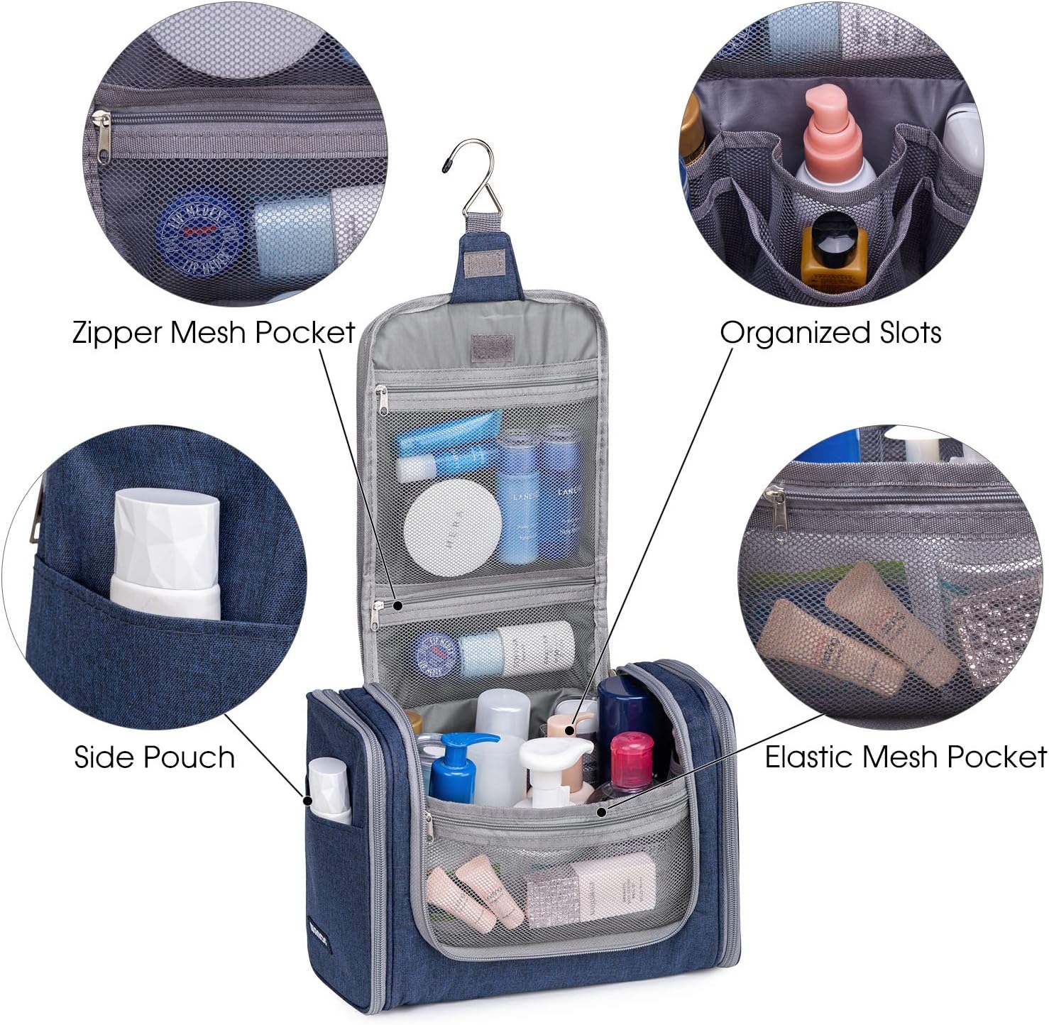 Large Hanging Toiletry Wash Bag Travel Makeup Cosmetic Organizer for Men Women by WANDF (Denim Navy Blue) - Image 4