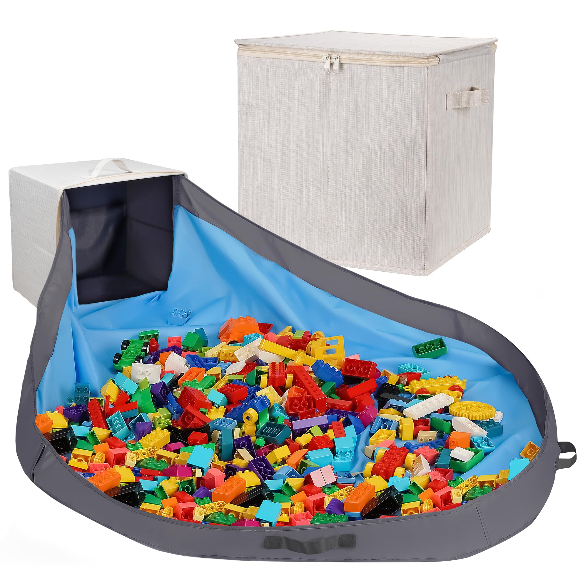 Photo 1 of SAM AND MABEL Toy Storage Organizer with Play Mat for Kids – 13" x 13" x 13" Stackable and Foldable Cubby Box Nursery Organizers, Storage Bins with Lid for Playroom (Cream Bamboo)
