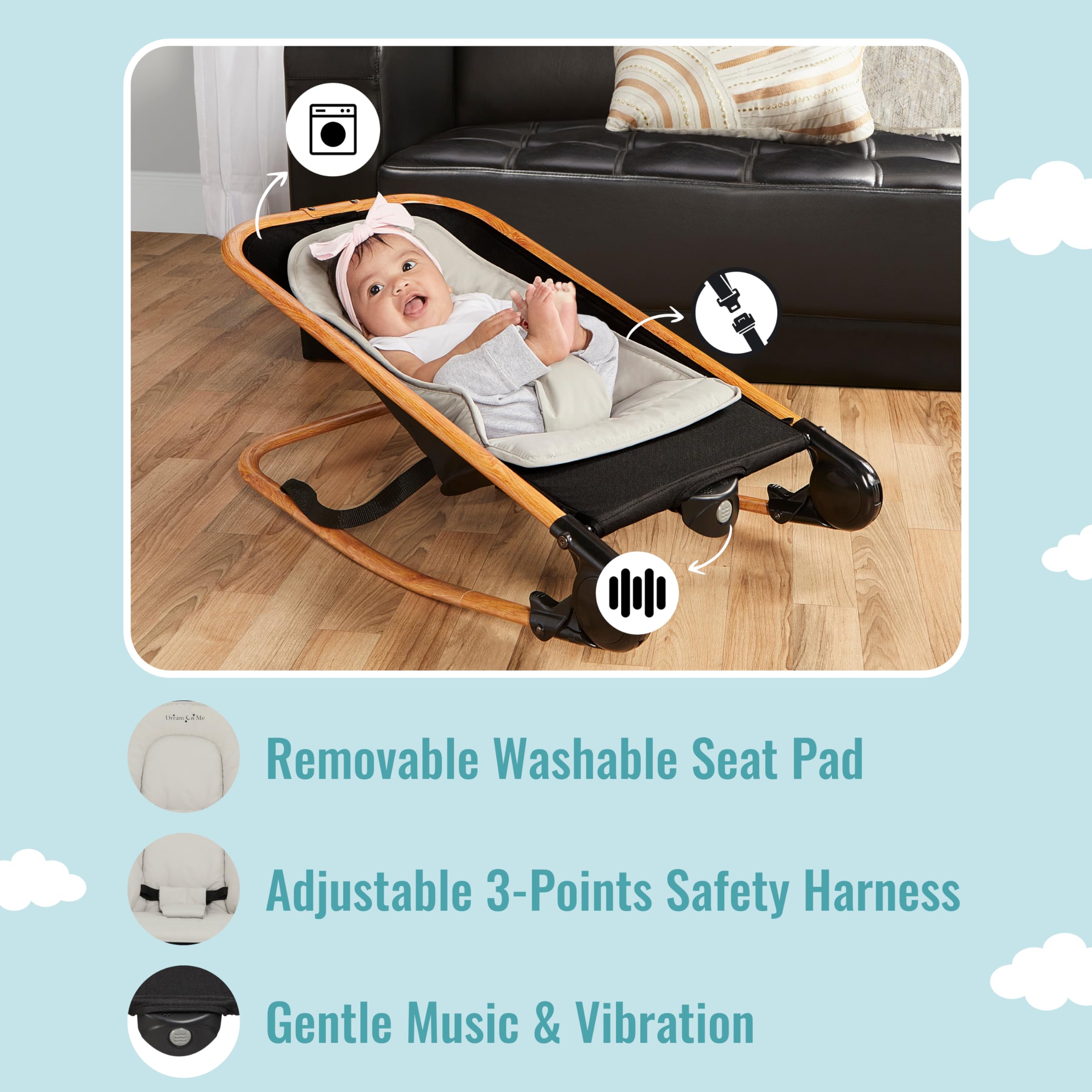Dream on Me Rock with me 2-in-1 Rocker and Stationary Seat | Compact Portable Infant Rocker with Removable Toys Bar & Hanging Toys in Black & Grey