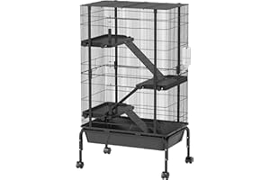 PawHut 47" H Ferret Cage, Large 4-Tier Guinea Pig Cage with Ramps, Wheels, Bowl, Water Bottle & Removable Tray, Metal Small A