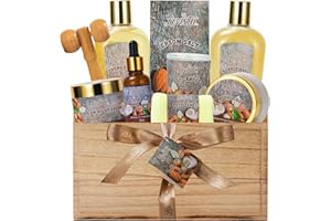 LOVESTEE Mother's Day 10 Pc Spa Gift Set for Women - Gifts for Her Spa Kit Bubble Bath Spa Gift Basket for Women with Epsom Salt, Bath & Body Oil, Body Scrub, Candle, Wood Massage Tool - Bath Set Spa Basket
