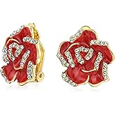 Pink Red Enamel Flower Crystal Edge Spring Retro Floral Rose Clip On Earrings For Women Non Pierced Ears 14K Gold Plated