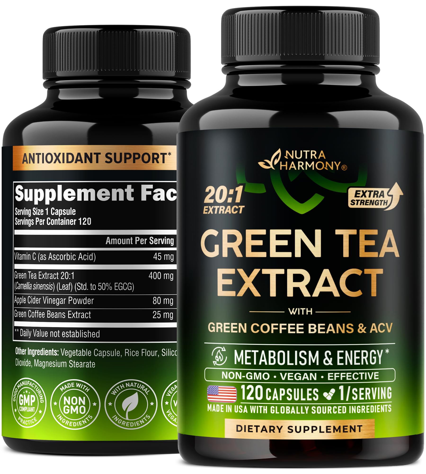 Green Tea Extract Capsules with Green Coffee Beans & Apple Cider Vinegar - Energy & Metabolism Support - Green Tea Supplement 50% EGCG - 20:1 Natural Extract - for Men & Women - 120 Vegan Capsules