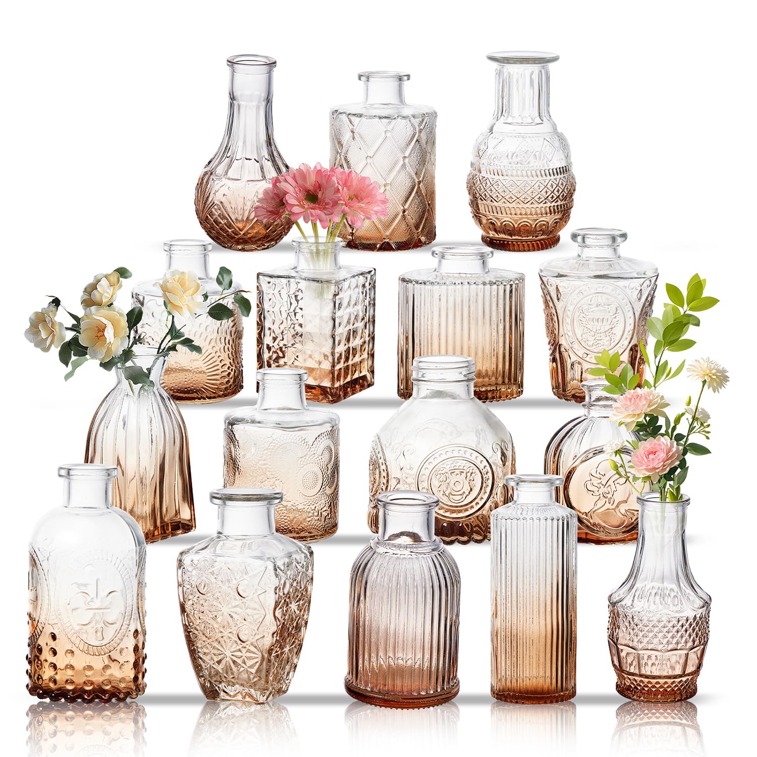 Glass Bud Vase Set of 16, Small Flower Vases, Glass Vases for Centerpieces, Vintage Home Table Decorations Bud Vases (16 Pcs, Amber)