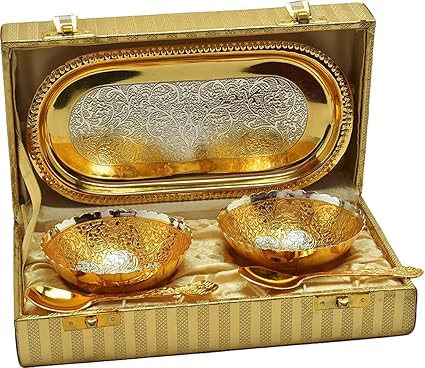 Ojascreation Return Gift Silver and Gold Plated Brass Bowl and Tray Set of 5 Pcs (22.606X12.7X6.35, Silver and Gold)Perfect Gift