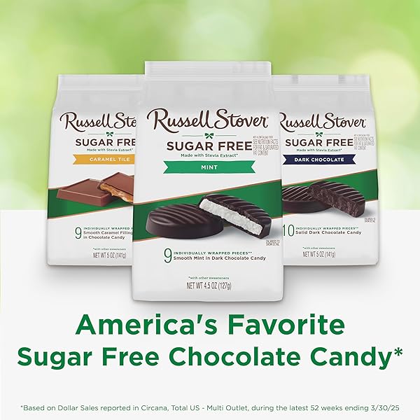 RUSSELL STOVER SUGAR FREE DARK CHOCOLATE MINT PATTIES CANDY, 4.5 OZ. BAG