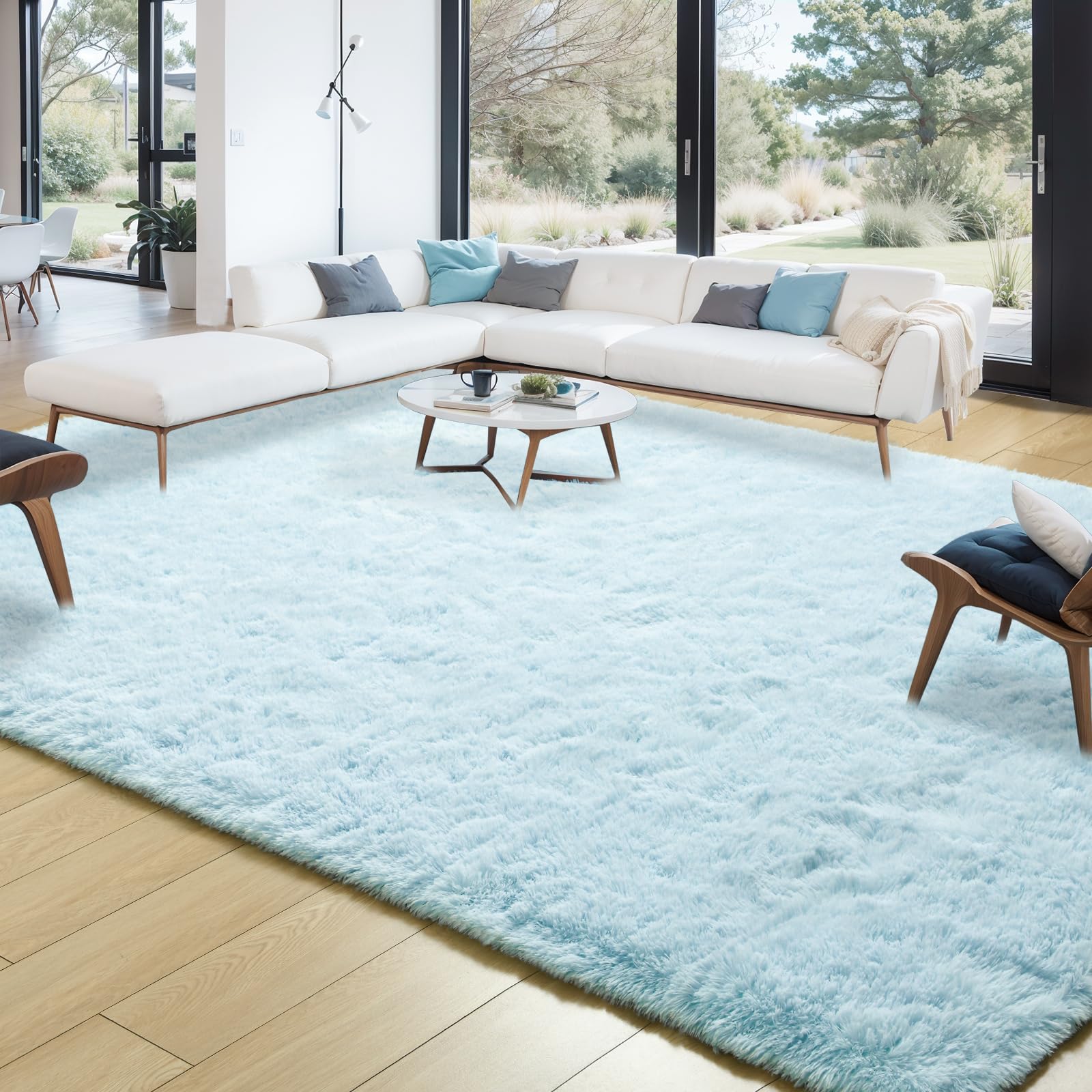 Photo 1 of Merelax Soft Modern Indoor Large Shaggy Rug for Livingroom Bedroom Dorm Kids Room Home Decorative, Non-Slip Plush Fluffy Furry Fur Area Rugs Comfy Nursery Accent Floor Carpet 8x10 Feet, Baby Blue