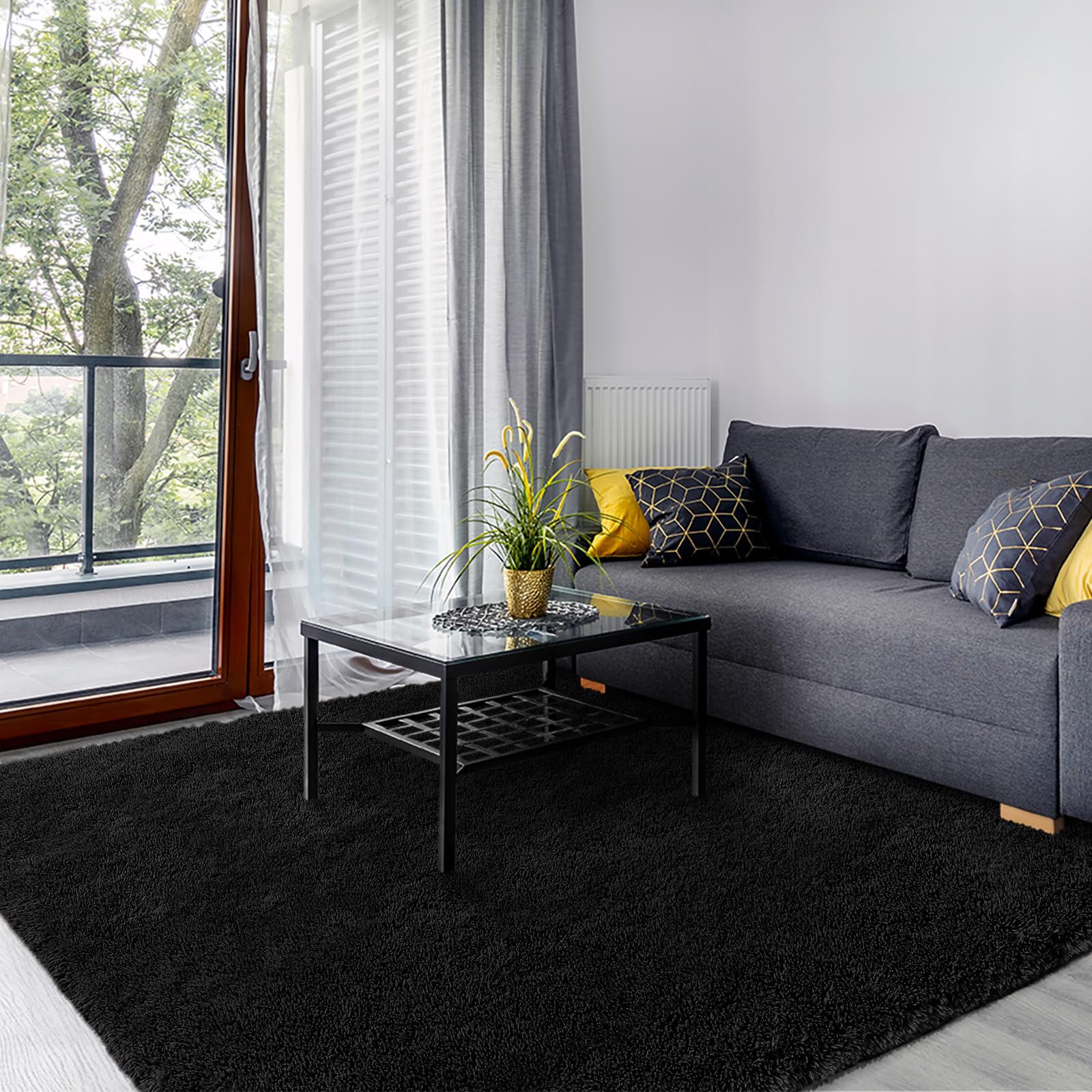 SOANNY Living Room Area Rug, Black Large Luxury Soft Fluffy Shaggy Carpet for Bedroom Dorm Bedside Lounge Office, Non-Slip, Washable Throw Rug for Home Decor, 160x230cm