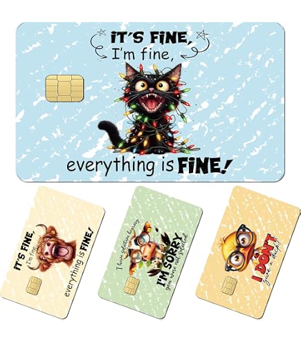 Funny Animal Credit Card Skins – 4-Pack Stickers With Black Cat, Highland Cow, Duck Designs, Humorous Sayings