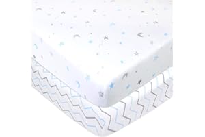 American Baby Company 2 Pack 100% Natural Cotton Fitted Pack and Play Sheets 39" x 27" - Soft & Breathable Pack N Play Sheets for Playard & Mini Crib Mattress, Blue Stars/Zigzag, for Boys & Girls