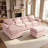 113" U Shaped Cloud Sectional Couch with Ottoman,Chenille Sofa,Pink | Oversized Modular U Shaped Sofa with Deep Seating,Movable Ottoman &amp; Chaise for Living Rooms, Family Rooms and Movie Nights