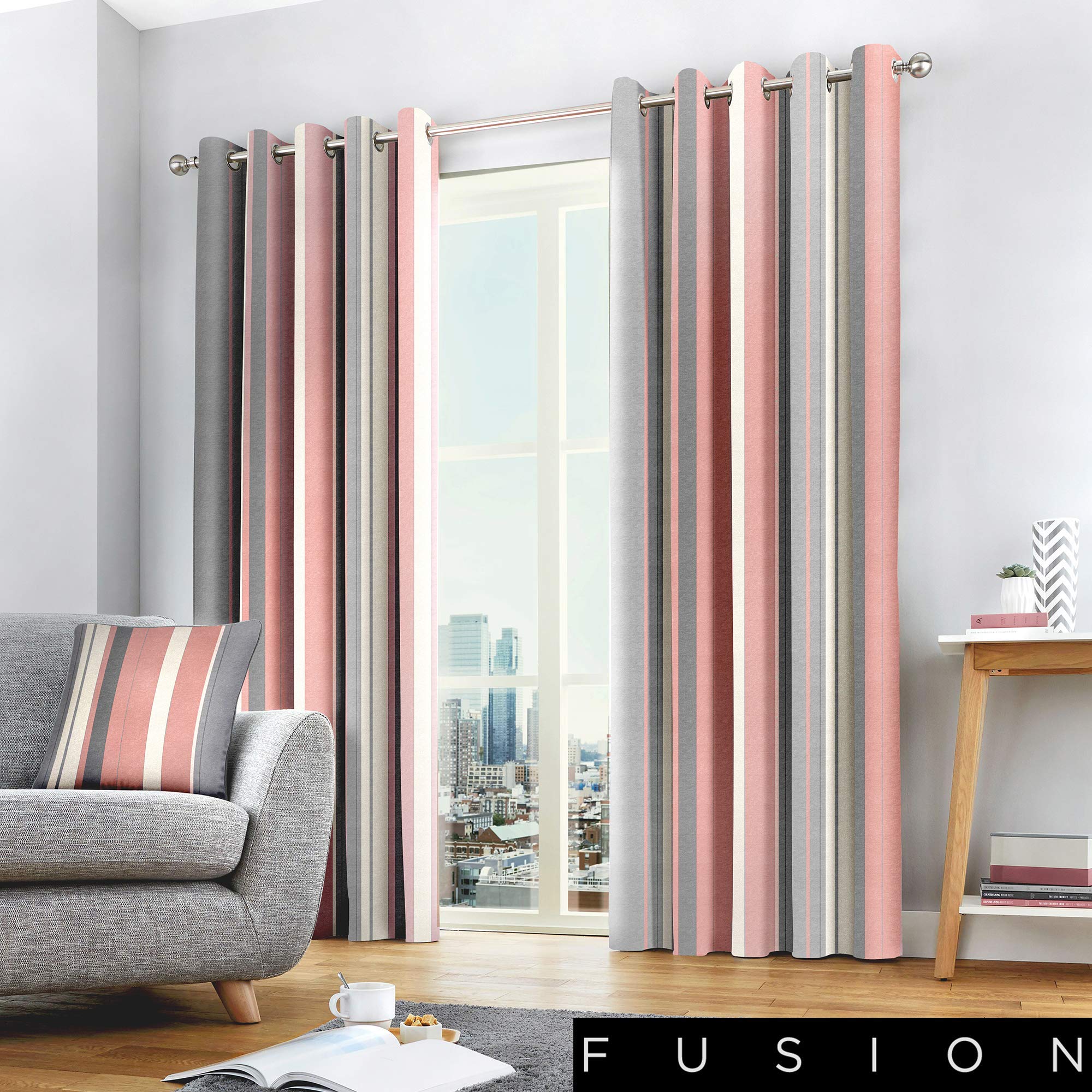 Fusion Whitworth Stripe Eyelet Lined Curtains, Blush, 66 x 90 Inch
