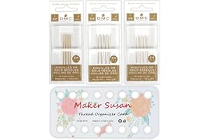 DMC Size 22-24-26 (3 Pack) Gold Cross Stitch Needles Kit, Large Eye Round End Embroidery and Tapestry Hand Needles with Maker Susan Embroidery Thread Holder Organizer Card (12 Needles, 1 Org Card)