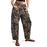 POTILI Women's Barrel Boyfriend Baggy Leopard Print Jeans Mid Rise Cropped Wide Leg Y2K Horseshoe Jeans for Women Trendy