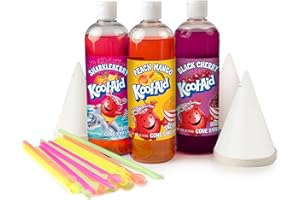 Nostalgia Kool-Aid Snow Cone Syrup Variety Pack – 3 Flavors, 16-oz Bottles: Blue Raspberry, Tropical Punch, and Grape – Paper Cups & Colored Spoon Straws – Great for Birthdays, Pool Parties, and BBQs