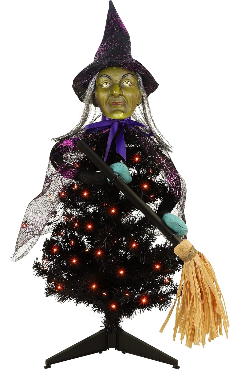 Tree Toppers - yosager Lighted Artificial Halloween Tree with Witch Topper, 31.4 Inch Tabletop Pre-Lit Black Witch Trees with 50 LED Orange Copper Lights, Battery Powered for Halloween Home Office Party Decorations