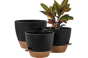 FaithLand 3-Pack Large Planter Pots, 12 10 9 Inch Self Watering Flower Pots for Indoor Outdoor Garden Plants, Black with Brown