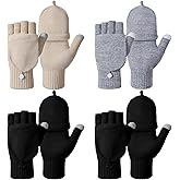 Shihanee 4 Pairs Winter Fingerless Gloves for Women Men Warm Knitted Convertible Mittens Flap Cover Half Finger Gloves for Typing Driving Fishing