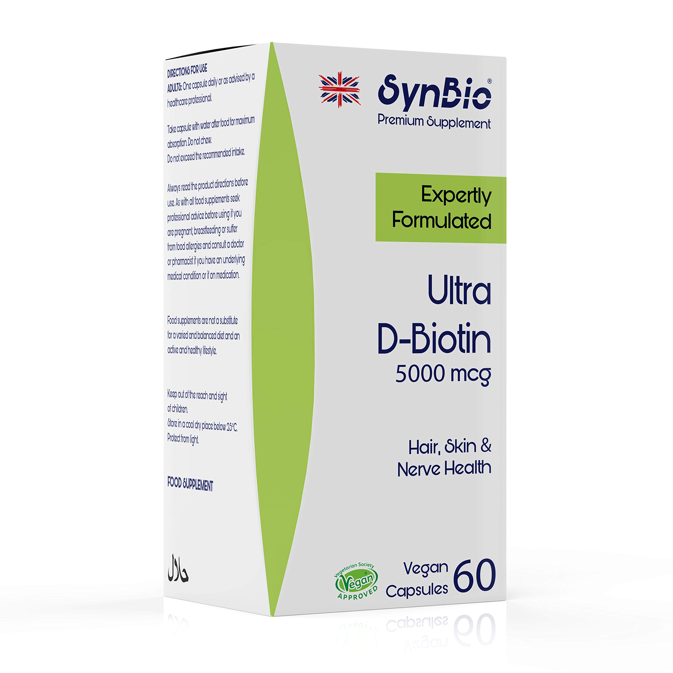 SynBio Premium - Ultra D-Biotin 5000mcg Capsules | Vitamin B7 | Vegan | Vital Nutrient for Healthy Hair and Skin for Women & Men | Support Energy Yielding Metabolism | Made in the UK
