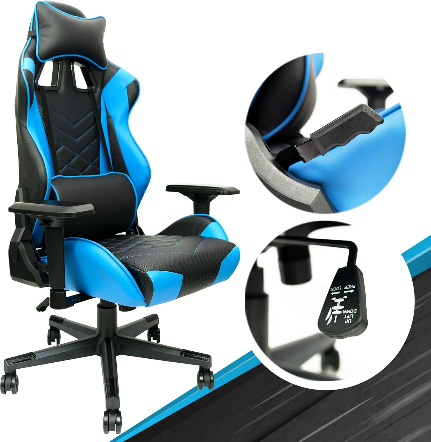 Blue Gaming Chair Adjustable Ergonomic Office Chair with PU Leather