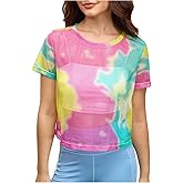 OYOANGLE Women's Tie-Dye Print Sheer Mesh T-Shirts Round Neck Casual Tees