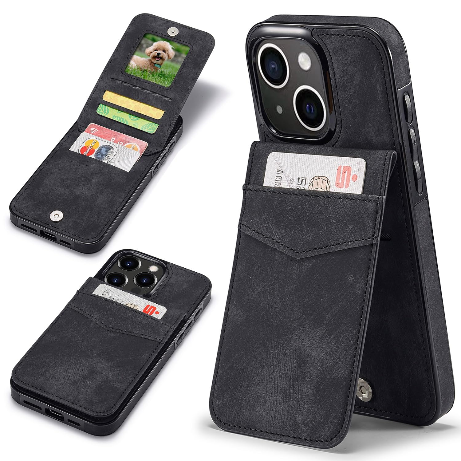 Sibada Multi-function Leather Mobile Phone Case for iPhone 15 Plus with Stand Function Card Slot Snap RFID Magnetic Closure Hold Leather Case for iPhone 15 Plus (2023) 6.7 Inch - Black