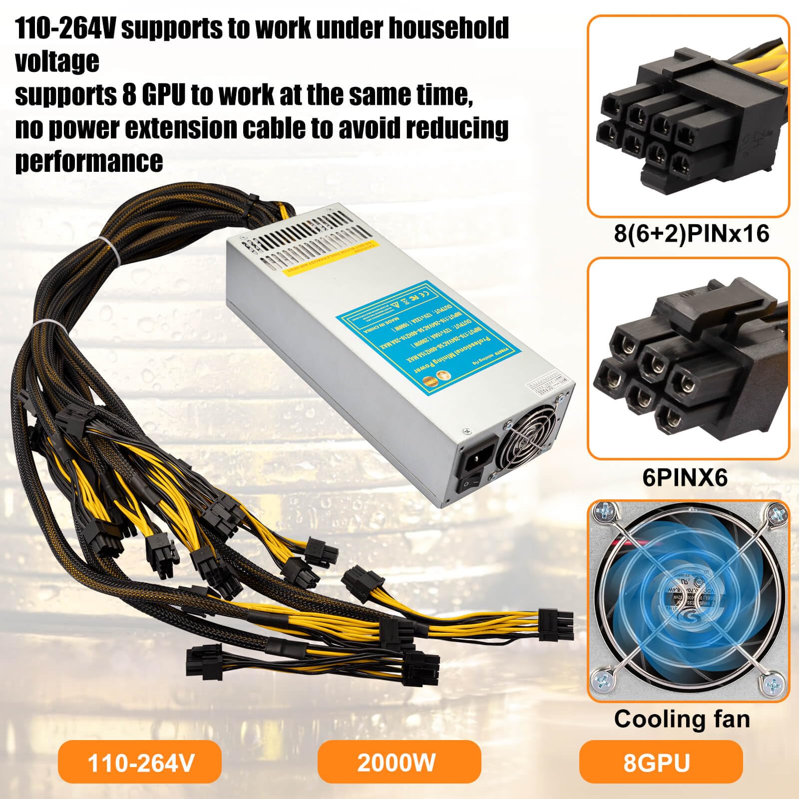 VTRETU 2000W Mining Power Supply 2U Miner PSU 110-264V for ETH Miner Machine, Support 8 GPU Mining rig, with 12000 RPM Powerful Fan (10 Connection Cables and 1 Power Cord