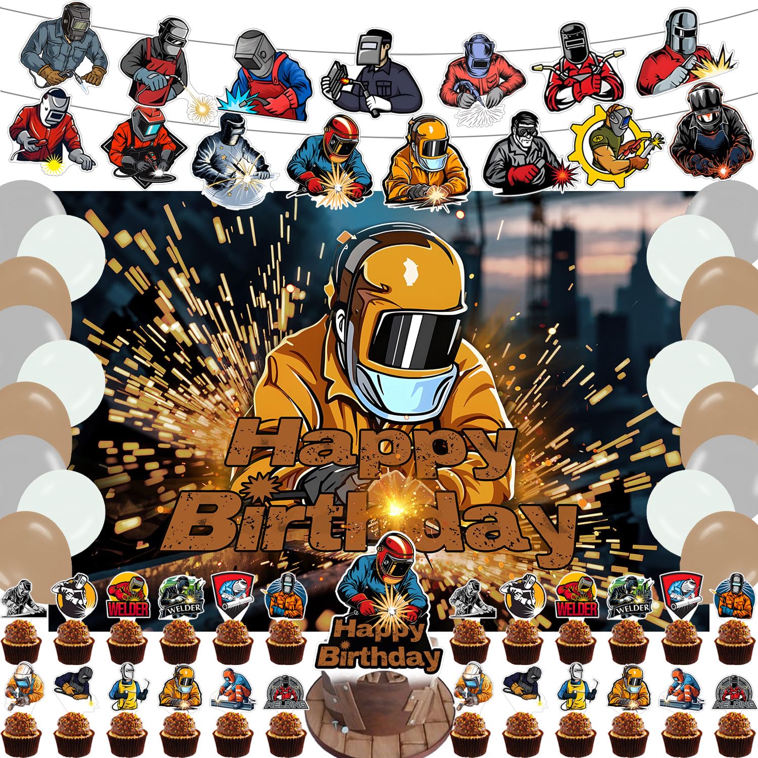 Photo 1 of 59 Pcs Electric Welding Birthday Party Supplies, Electric Welder Themed Party Decoration Backdrop Balloons Cake Cupcake Topper for Welding Workers Themed Party Decor