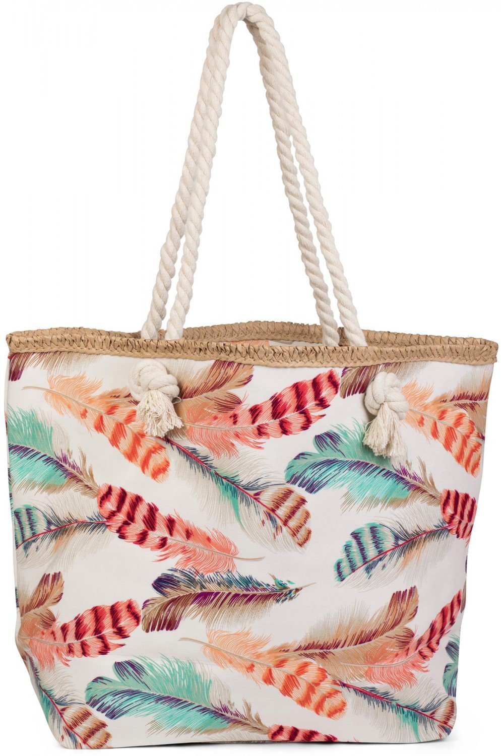 styleBREAKER beach bag with colourful feather print and zipper, sling bag, shopper, spa bag, women 02012059, color:Cream-Beige