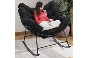 Kromax Large Rattan Rocking Papasan Chair, Indoor, Outdoor Rocker Chair, Wicker Rocker with Padded Cushion, Modern Egg Style, Black