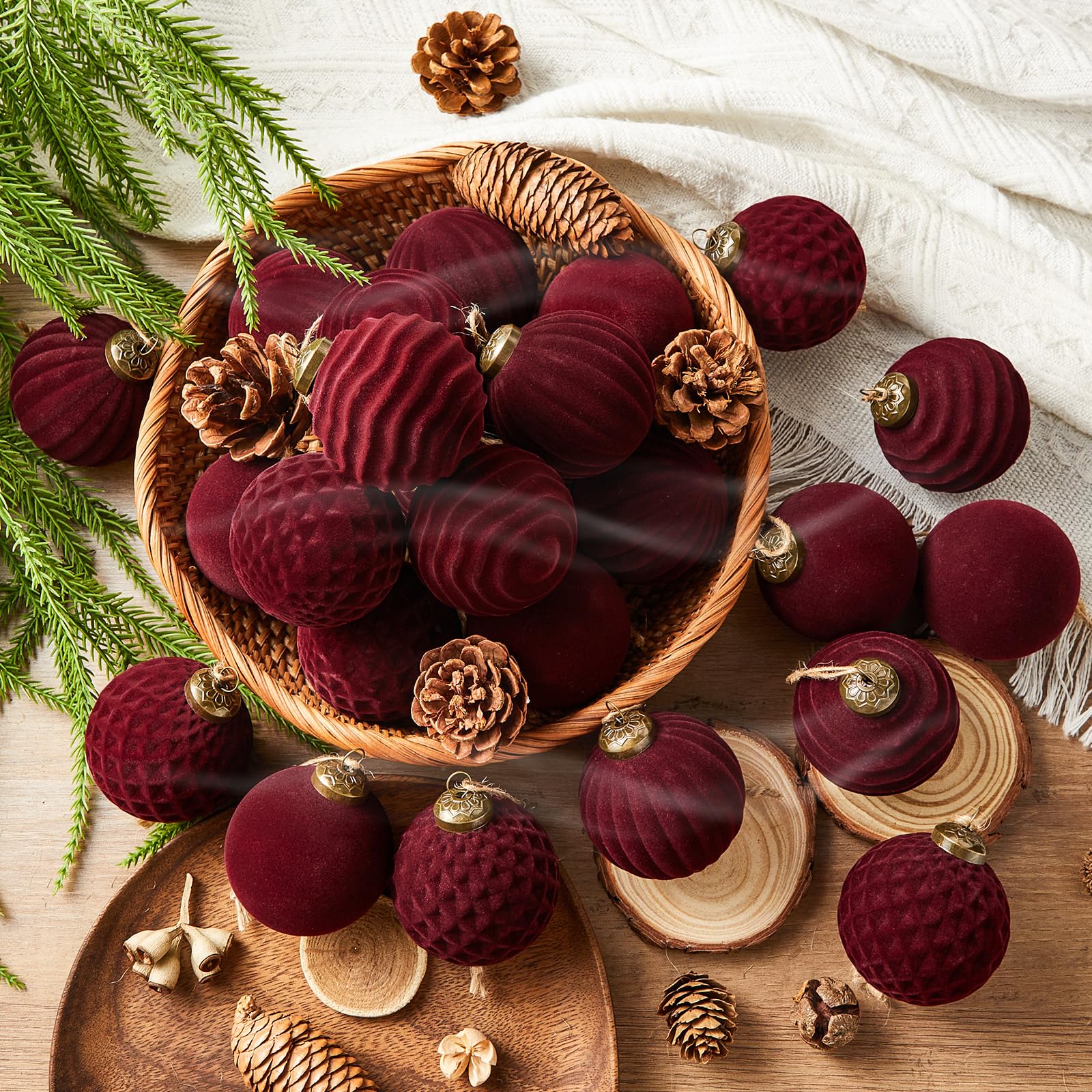 Photo 1 of 24 Pcs Light Scented Velvet Christmas Balls Bulk Winter Fir Scent Flocked Christmas Tree Ball Ornaments Hanging Baubles for Xmas Holiday Home Gift Yard Decor (Burgundy 2.36 Inch)