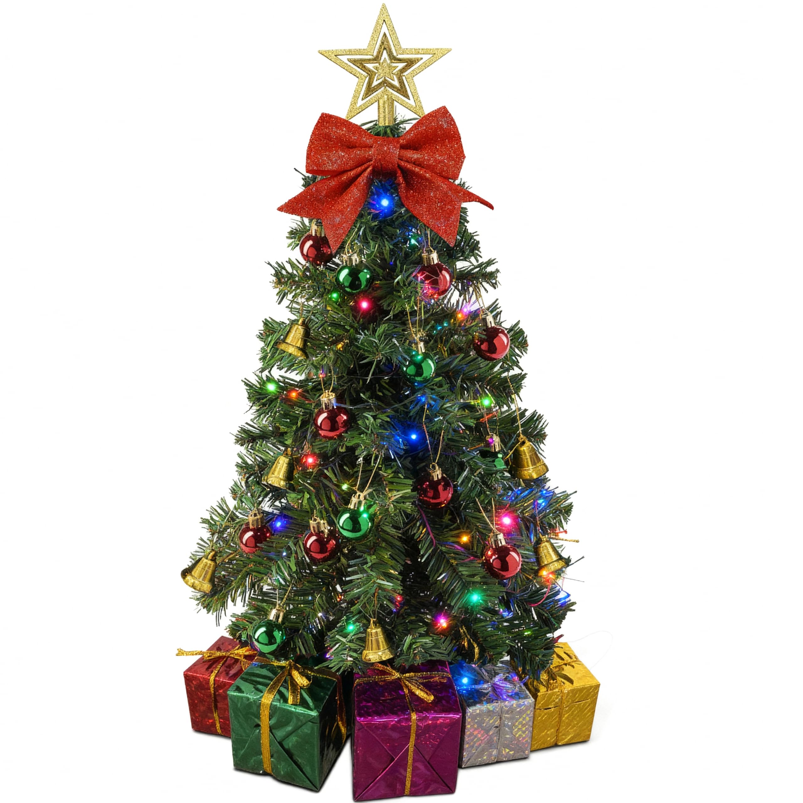 Photo 1 of Small Christmas Tree with Lights - 23 Inch Mini Tabletop Christmas Tree with Multi-Color LED Lights, Hanging Ornaments, Decorative Bow and Gift Boxes - Prelit Table Tree for DIY Christmas Decoration