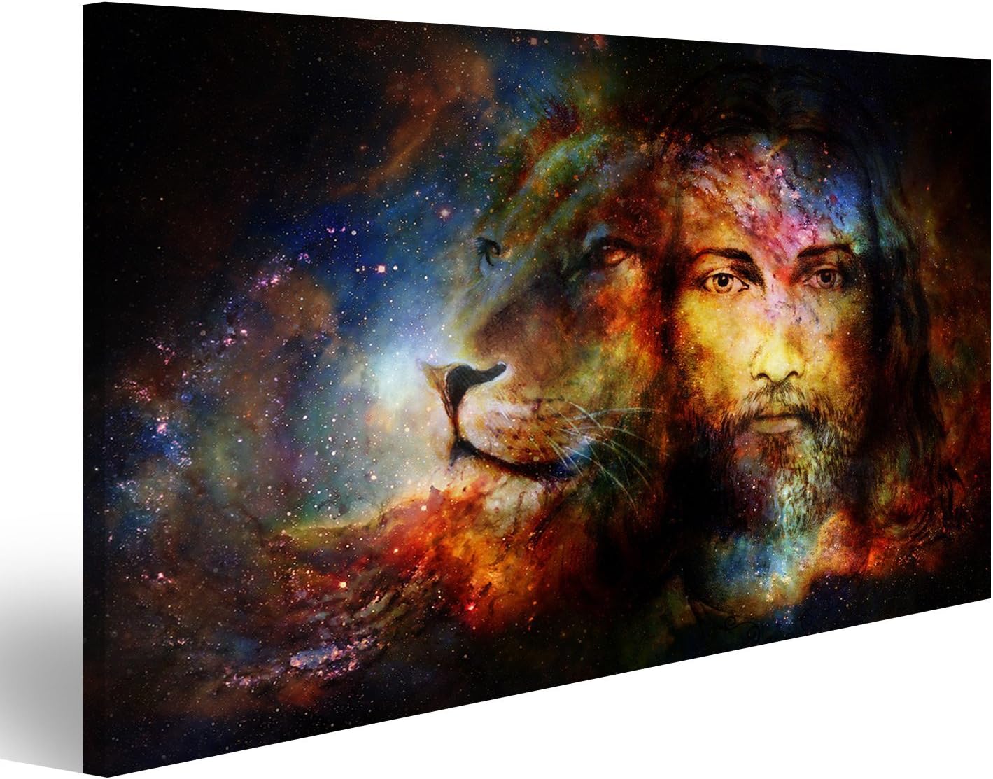 islandburner Canvas Art Print painting of Jesus with a lion in cosimc space, eye contact and lion profile portrai, Print