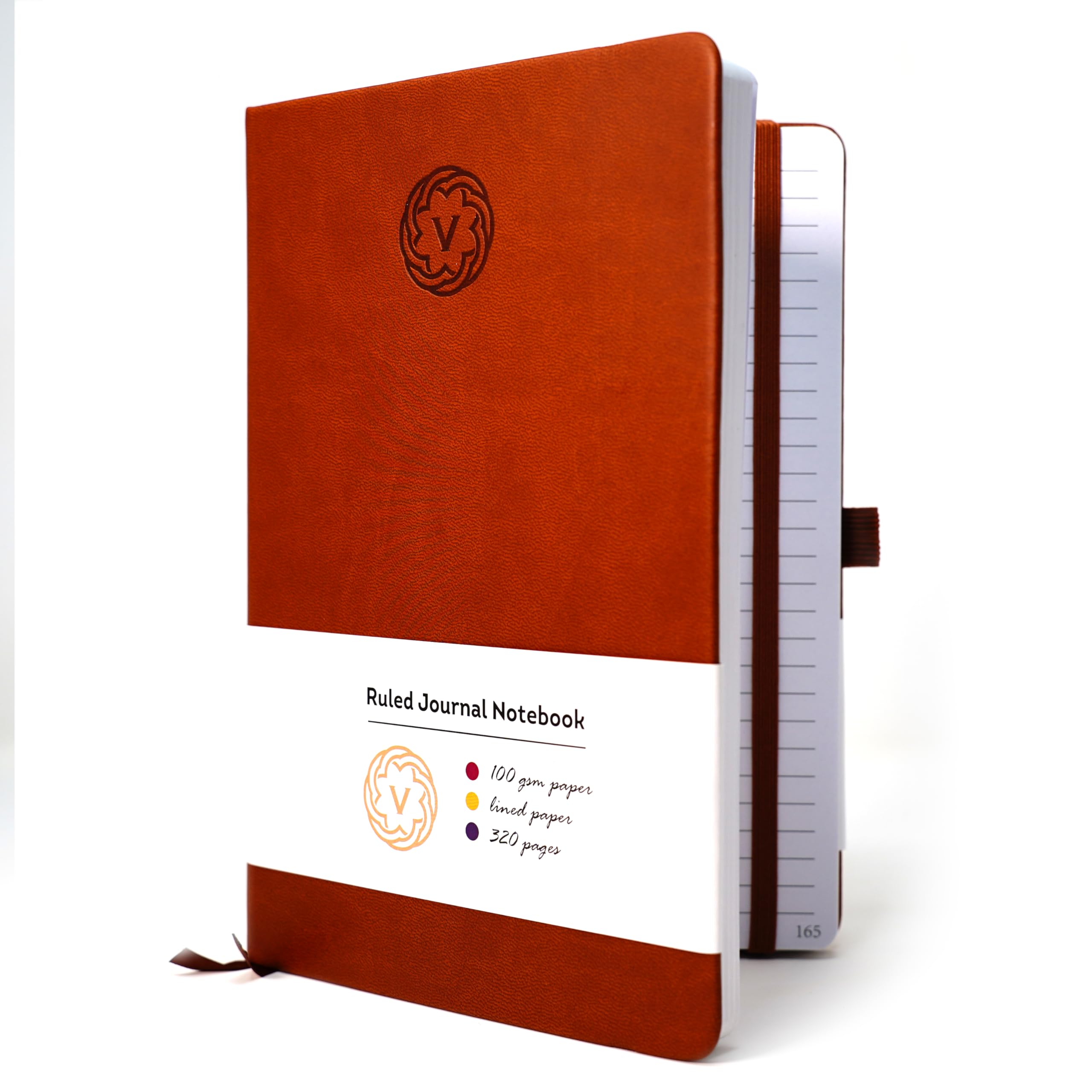 VABE UK A4 Journal Notebook Lined Notepad 320 Pages - 100gsm Hardcover Writing Notebook, Classic Casebound Lined Journal with Elastic Closure, Inner Pocket, Pen Loop & Sticky Notes (A4, Brown)