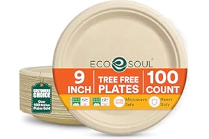 ECO SOUL Compostable 9 Inch(100-Pack) Biodegradable Disposable Paper Plates | Eco-Friendly Dinner, Party, Wedding, Event